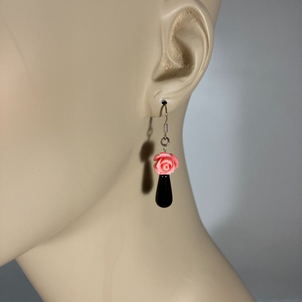 Handcrafted Black Onyx and Pink Shell Rose  Earrings – 1” L